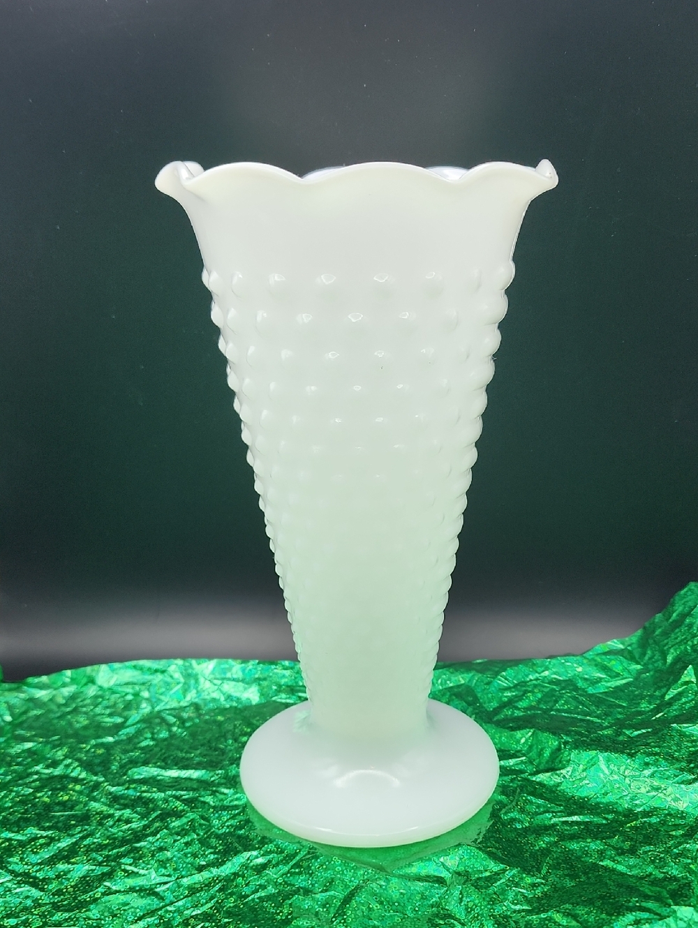 Vintage White Milk Glass Hobnail Trumpet Scalloped  Large Vase W/ Ruffled Edge